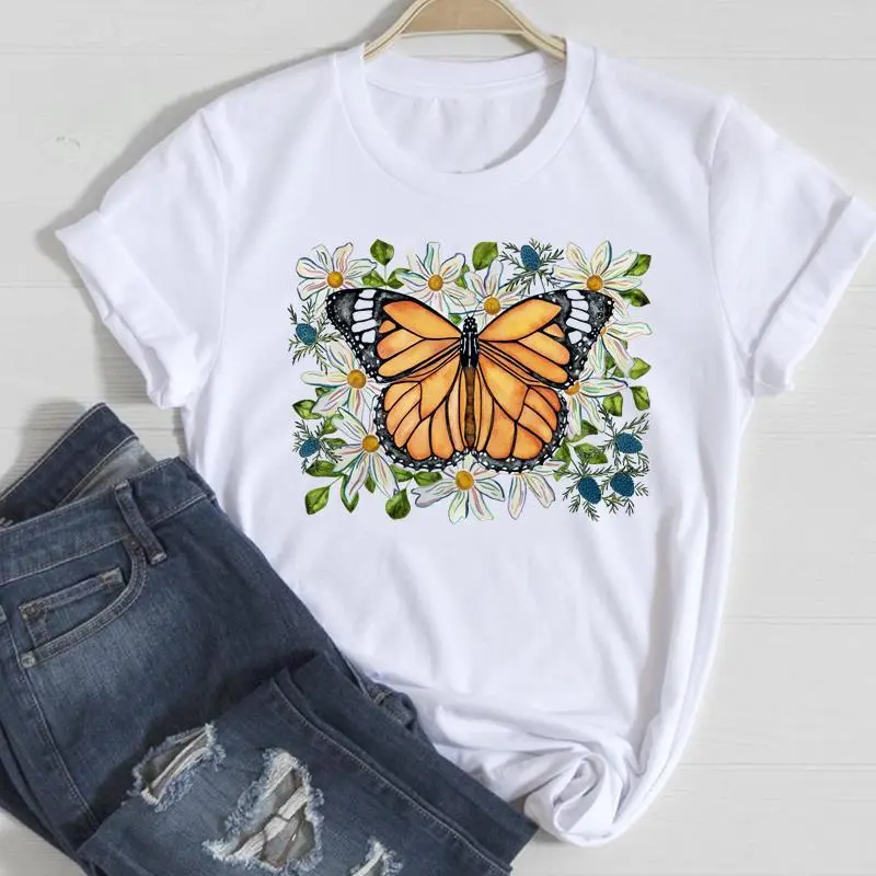 Basic Women Fashion Casual Butterfly Print Round Neck Short Sleeve T-Shirt