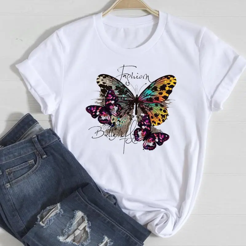 Basic Women Fashion Casual Butterfly Print Round Neck Short Sleeve T-Shirt