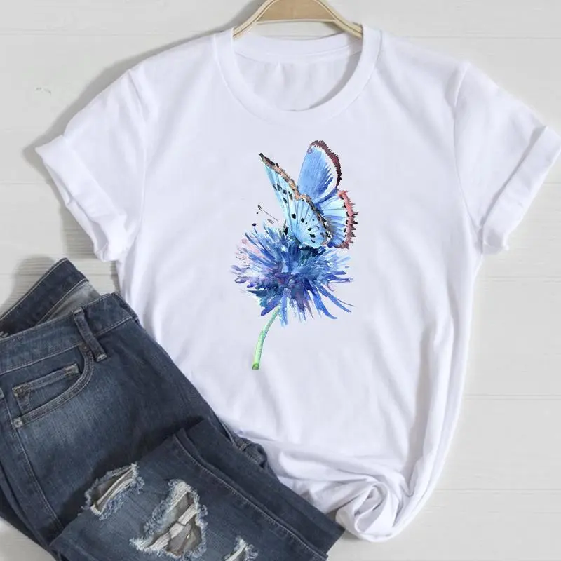 Basic Women Fashion Casual Butterfly Print Round Neck Short Sleeve T-Shirt