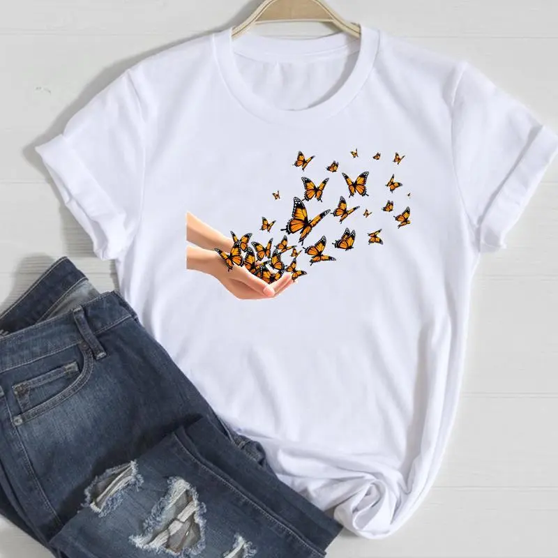 Basic Women Fashion Casual Butterfly Print Round Neck Short Sleeve T-Shirt