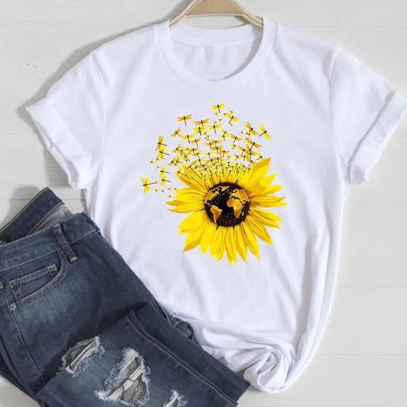 Basic Women Fashion Casual Butterfly Print Round Neck Short Sleeve T-Shirt