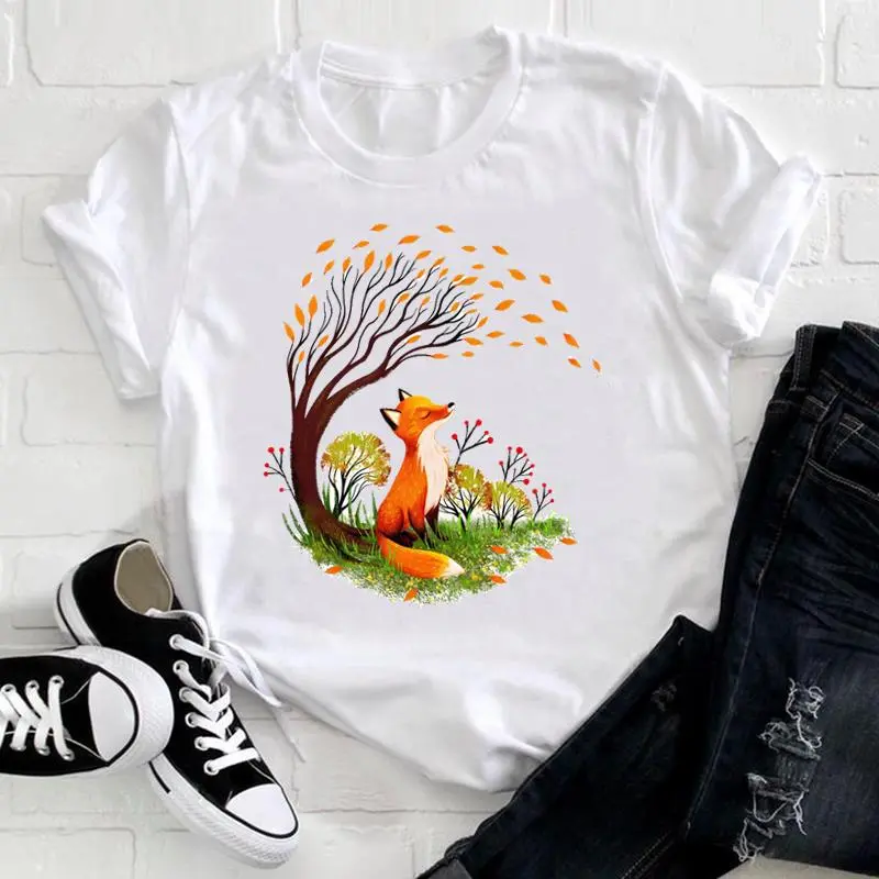 Basic Women Fashion Cartoon Owl Cat Print Crew Neck Short Sleeve T-Shirt