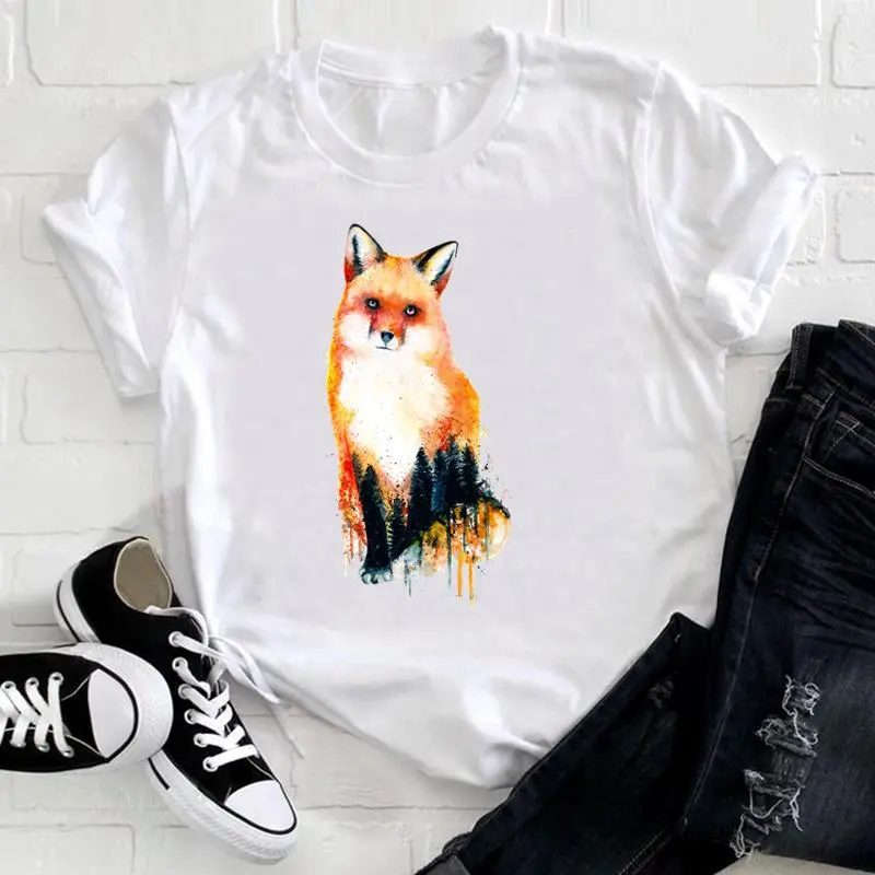 Basic Women Fashion Cartoon Owl Cat Print Crew Neck Short Sleeve T-Shirt