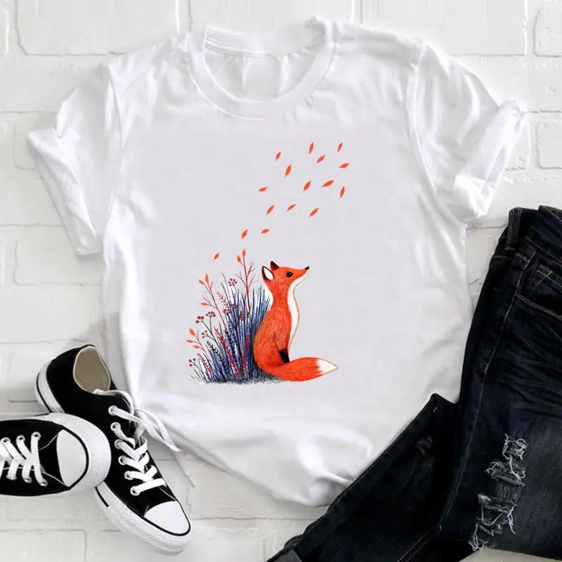 Basic Women Fashion Cartoon Owl Cat Print Crew Neck Short Sleeve T-Shirt