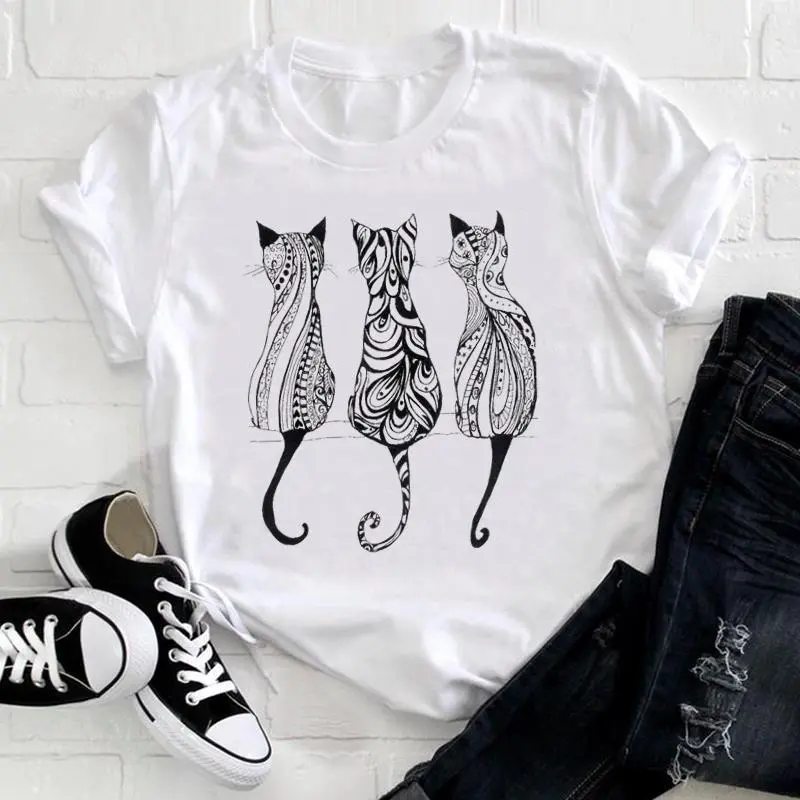 Basic Women Fashion Cartoon Owl Cat Print Crew Neck Short Sleeve T-Shirt