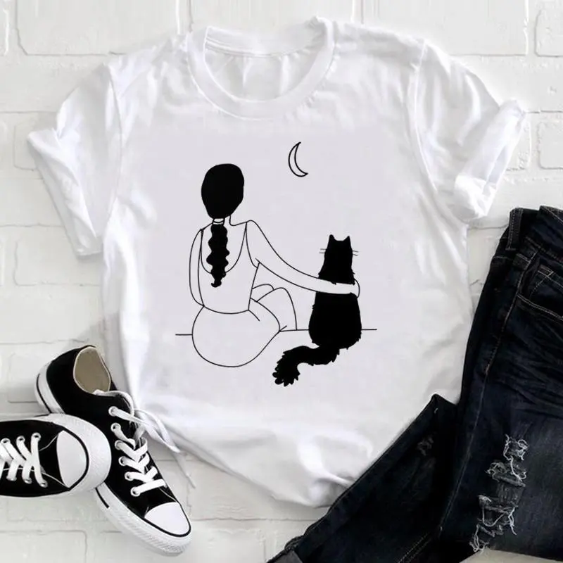 Basic Women Fashion Cartoon Owl Cat Print Crew Neck Short Sleeve T-Shirt