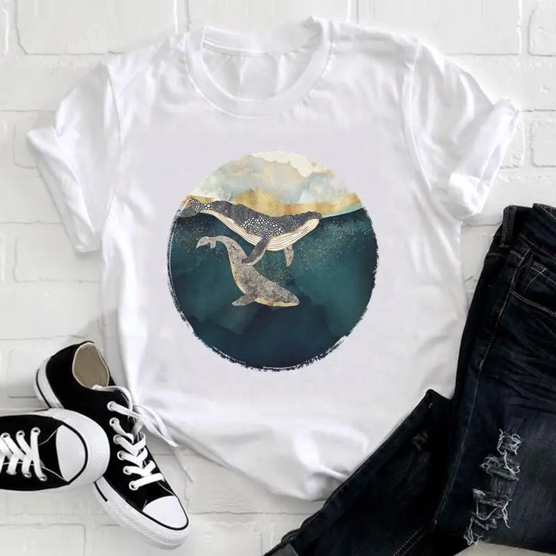 Basic Women Fashion Cartoon Owl Cat Print Crew Neck Short Sleeve T-Shirt