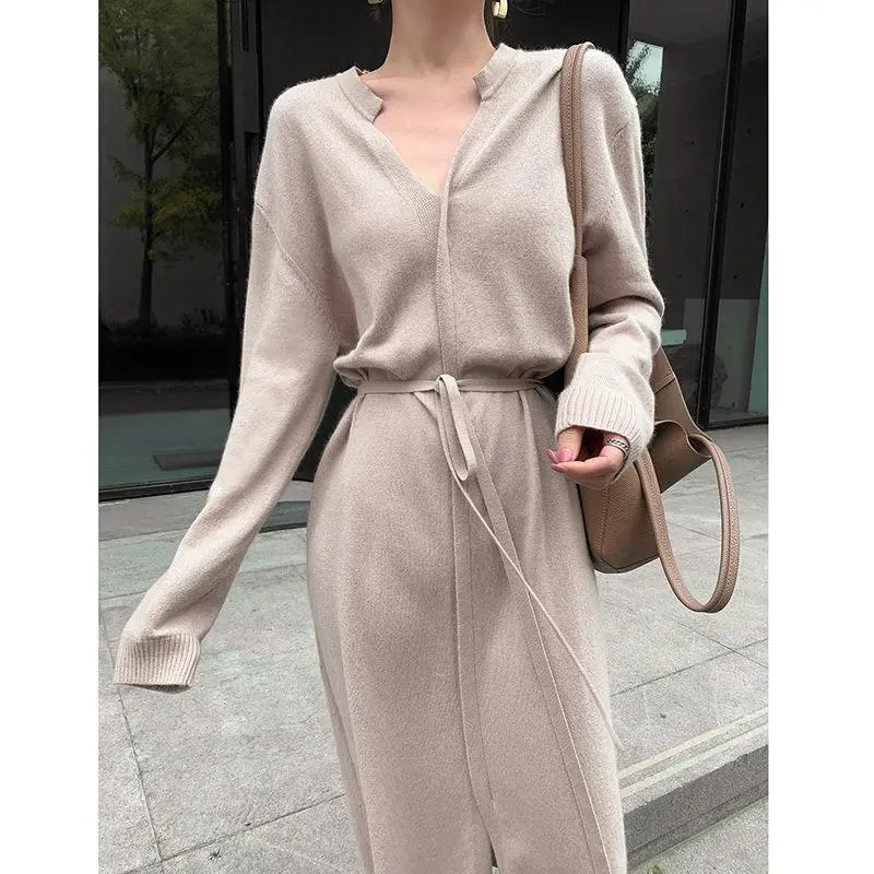 Autumn Winter Mid-Length V-Neck Solid Color Long Sleeve Knitted Dress