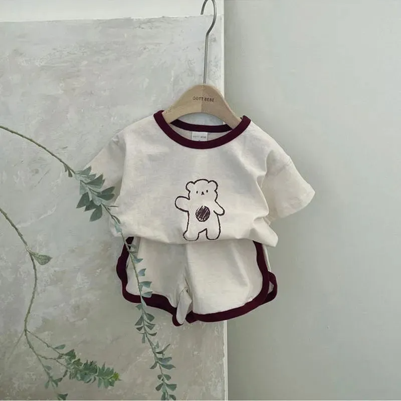 Children Kids Baby Fashion Girls Casual Basic Short Sleeve Cartoon Bear Print T-Shirt And Shorts 2pcs Set