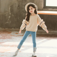 Girls Long-Sleeves Lace Design Solid Color Sweatshirt And Jeans Set