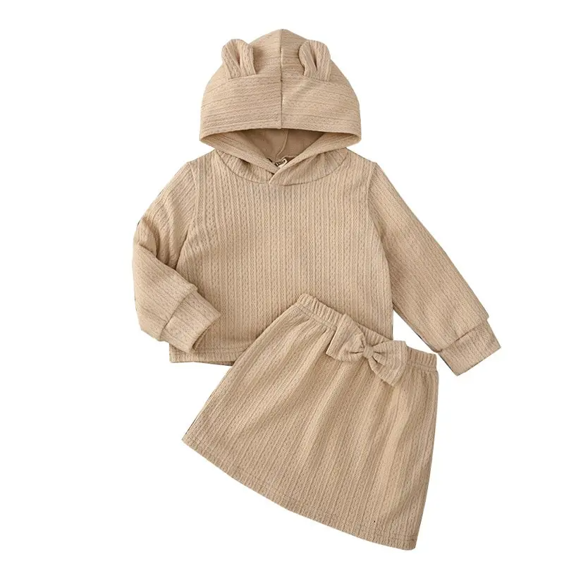 Girls Summer Casual Long-Sleeved Solid Color Ears Decorated Hooded Top And Bow Design Skirt