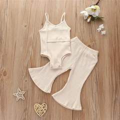 Girls Solid Color Strap Romper And Bell-Bottom Pants Set