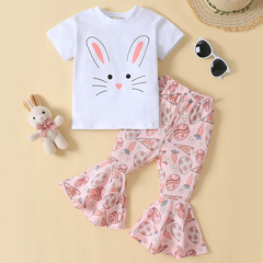 Kids Toddler Girls Summer Fashion Casual Easter Cotton Cartoon Bunny Round Neck Short Sleeve Flare Trousers Set