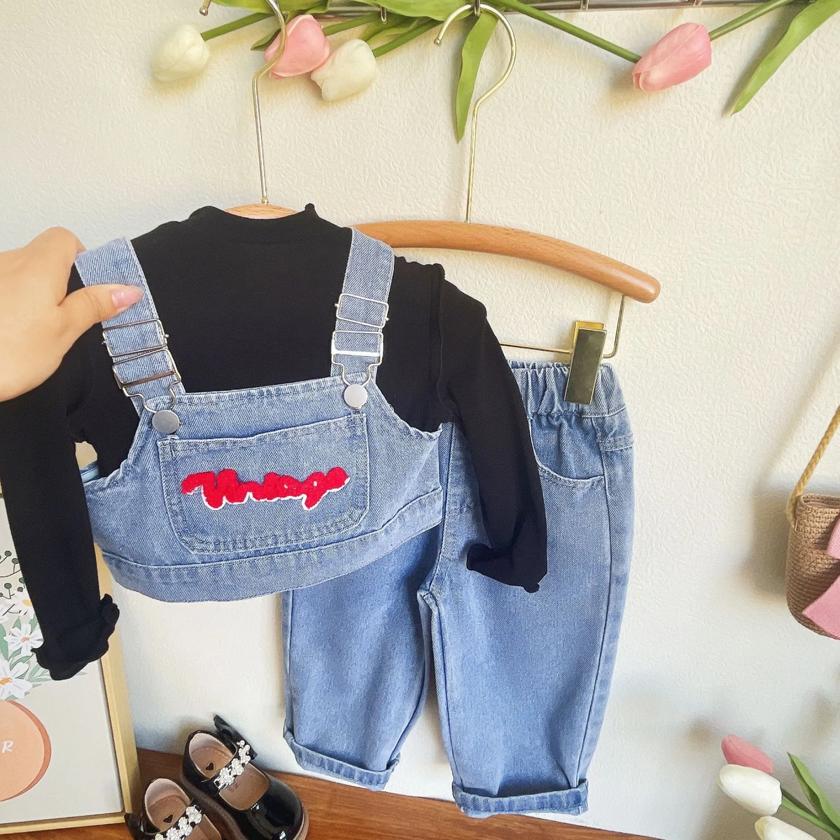 Children Kids Baby Fashion Girls Casual Denim Suspenders Top And Wide-Leg Pants 3pcs Set