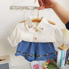 Children Kids Baby Fashion Girls Casual Short Sleeve Flower Embroidery Blouse And Denim Shorts 2pcs Set