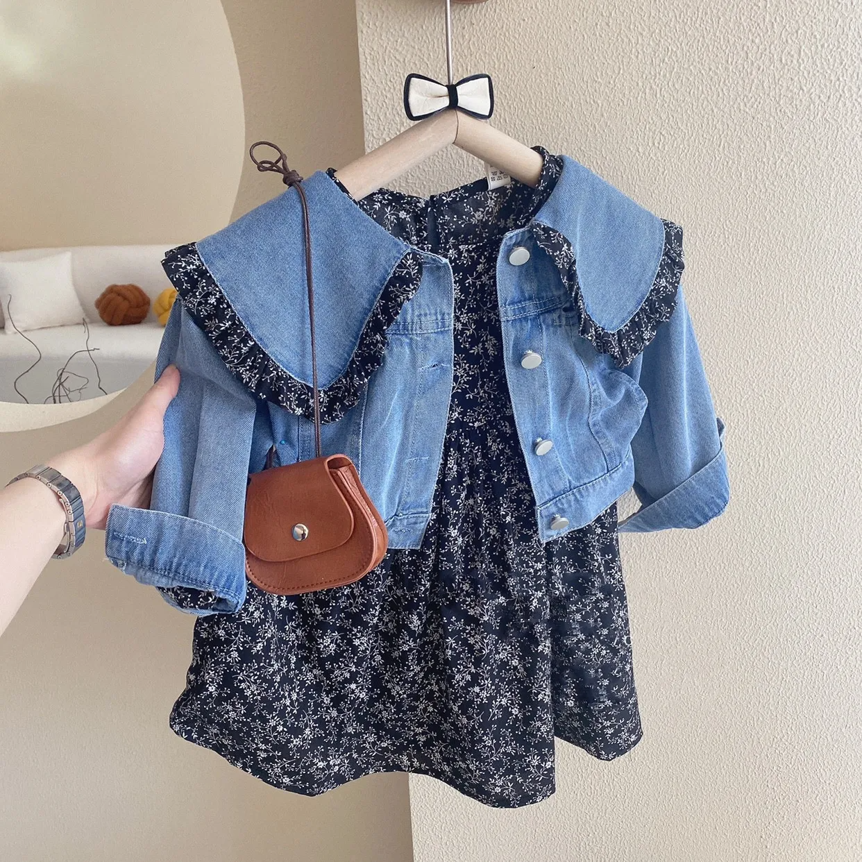 Children Kids Toddler Girls Lapel Denim Top And Flower Dress 2pcs Set