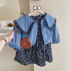 Children Kids Toddler Girls Lapel Denim Top And Flower Dress 2pcs Set