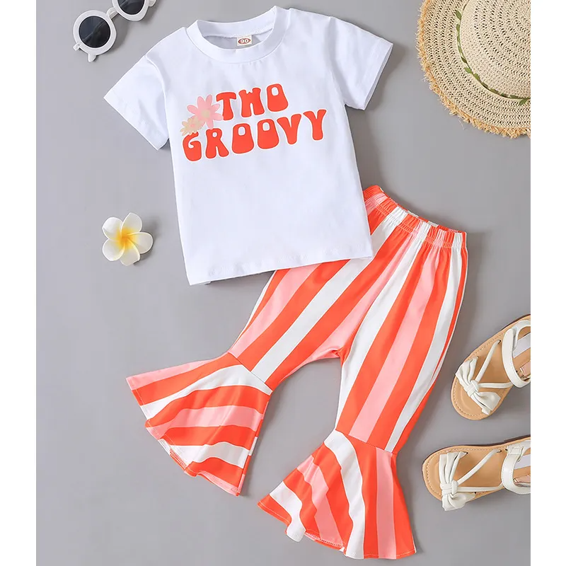 Kids Toddler Girls Summer Fashion Casual Sweet Cotton Letter Round Neck T-Shirt Stripe Flare Trousers Set