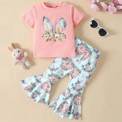 Kids Toddler Girls Summer Fashion Casual Sweet Easter Cotton Round Neck T-Shirt Bunny Pattern Flare Trousers Set