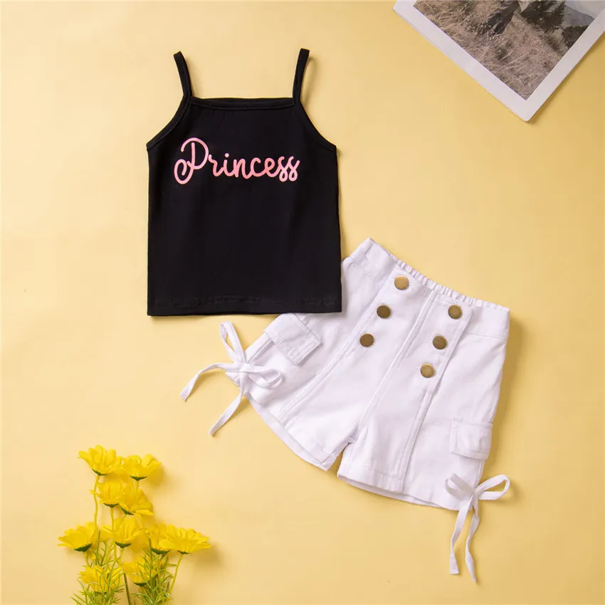 Kids Toddler Baby Girls Casual Letter Vest And Denim Double-Breasted Shorts Two-Piece Set