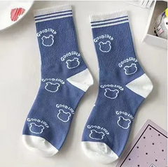 5 Pairs/Dozen Women Cute Blue Series Bear Printed Cotton Socks