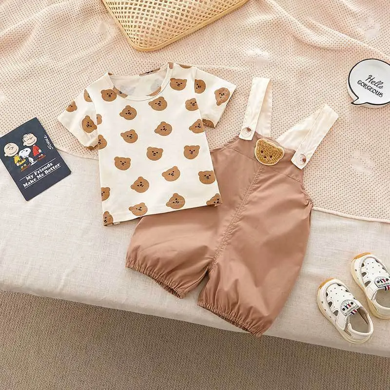 Kids Toddler Girls Fashion Bear Round Neck Short Sleeve T-Shirt And Suspender Pants Set