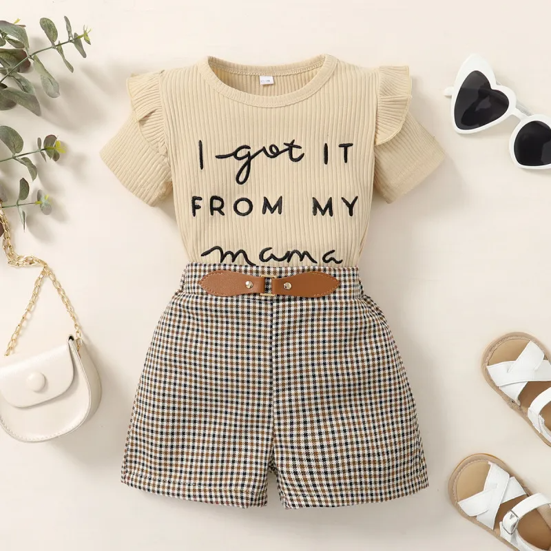 Children Kids Toddlers Fashion Girls Letter Print Short-Sleeved Top And Plaid Shorts 2pcs Set