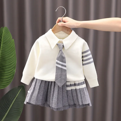 Kids Toddler Girls Autumn Winter Fashion Casual Simple Preppy Solid Color Striped Sweater Pleated Skirt Set