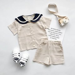 Children Kids Baby Fashion Boys Girls Short Sleeve Peter Pan Collar Shirt And Shorts 2pcs Set