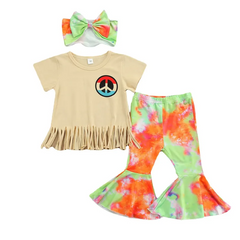 Girls Fashion Tassel Design Tops And Tie-Dye Bell-Bottoms White Headband