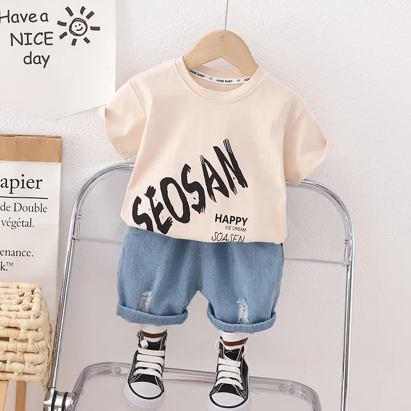 Boys Girls Neutral Summer Words Short-Sleeved Crewneck T-Shirt Denim Shorts 2-Piece Set