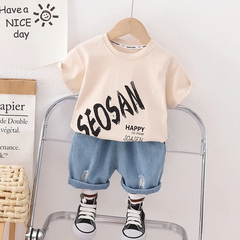 Boys Girls Neutral Summer Words Short-Sleeved Crewneck T-Shirt Denim Shorts 2-Piece Set