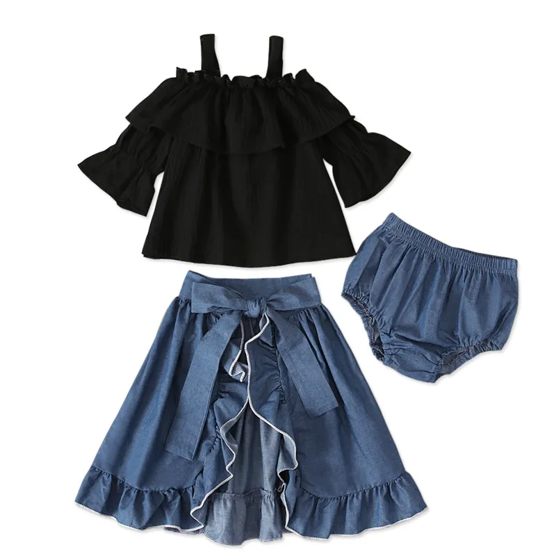 Kids Baby Girls Summer Fashion Pastoral Cotton Solid Color Strap Boat Neck Denim Skirt Set