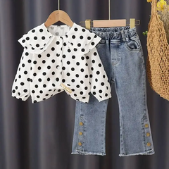 Girls Fashion Lapel Polka Dot Blouse And Jeans Set