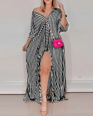 Women Fashion Sexy V-Neck Stripe Long Sleeve Shirt Dress