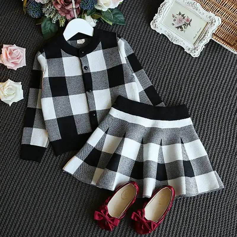 Girls Plaid Single-Breasted Tops And Skirt Set