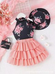 Kids Toddler Girls Casual Cute Floral Print Sleeveless Halter Neck Top Skirt Set