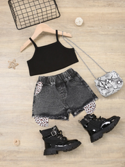 Children Kids Toddlers Fashion Girls Solid Color Camisole Top And Ripped Leopard Denim Shorts 2pcs Set