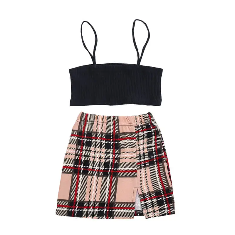 Girls Fashion Solid Color Camisole And Plaid Skirt Set