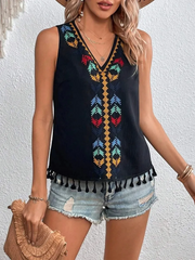 Bohemian Women Casual V-Neck Embroidered Patchwork Tassel Sleeveless Blouses