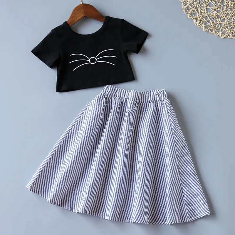 Girls Simple Short-Sleeves T-Shirt And Striped Skirt Set