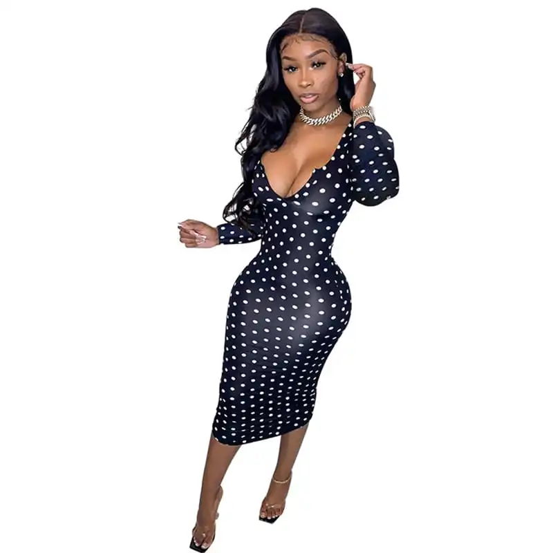 Women Fashion V-Neck Polka Dot Printed Dress