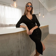 Women Elegant Solid Color V Neck Single-Breasted Knitted Dress