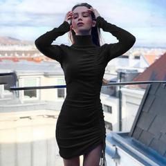 Women Elegant Solid Color Creased Drawstring Bodycon Dress