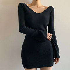 Women Casual Solid Color Long Sleeve V Neck Bodycon Dress