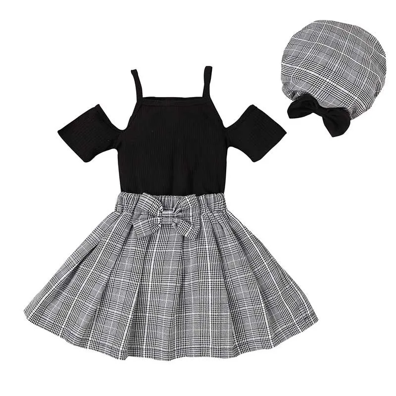 Kids Toddler Girls Fashion Casual Solid Color Off Shoulder Top Plaid Skirt Set