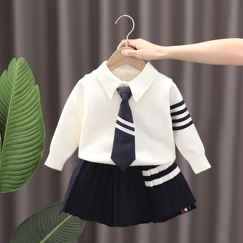 Kids Toddler Girls Autumn Winter Fashion Casual Simple Preppy Solid Color Striped Sweater Pleated Skirt Set