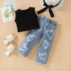 Children Kids Baby Fashion Girls Sleeveless Solid Color Top And Heart Print Denim Pants 2pcs Set