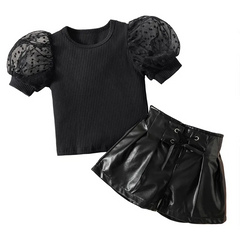 Children Kids Baby Fashion Girls Short Sleeve Solid Color Top And Pu Leather Shorts 2pcs Set