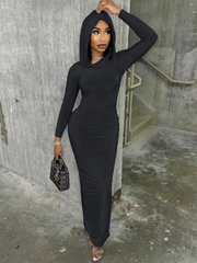 Women Fashion Solid Color Long Sleeve Hooded Maxi Dress